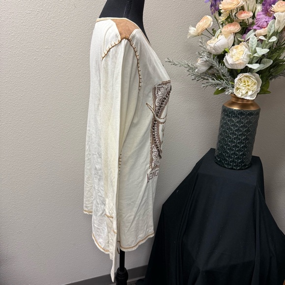 Double D Ranch XL Longhorn Alliance Graphic Henley Western Boho Top - Picture 6 of 9